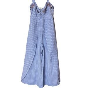 Hint of Mint Blue White Striped Embroidered Cut Out Front Wide Leg Jumpsuit Sz